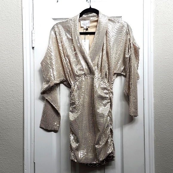 Line & Dot Silver Long-Sleeve Mini Dress, Size XS - Picture 3 of 7